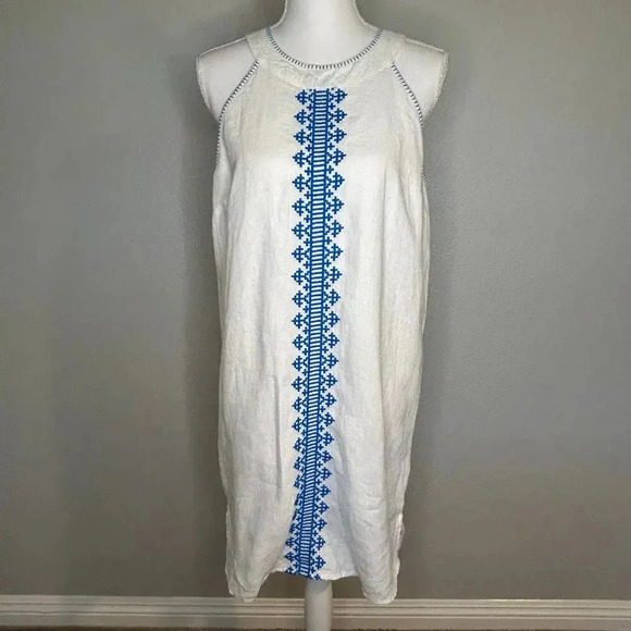 Lucky 100% linen boho embroidered halter sleeveless dress size M - Picture 1 of 9